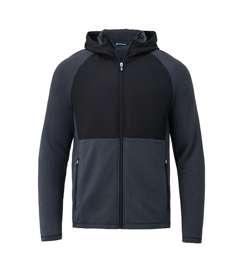 White background product photography of a charcoal and black zip hoodie shown from the front, fully zipped