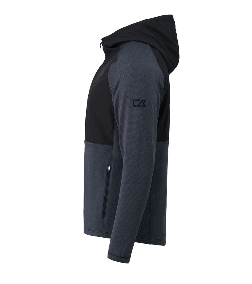 White background product photography of a charcoal and black zip hoodie in side profile with the hood raised