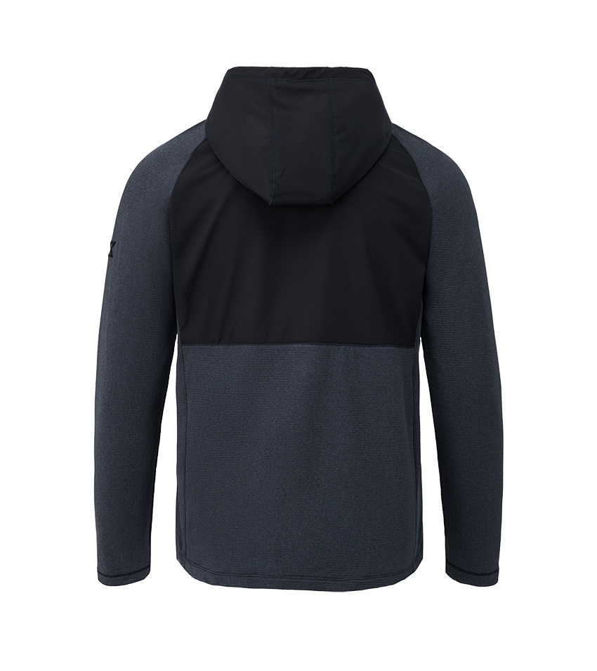 White background product photography of a two-tone charcoal and black zip hoodie shown from the back