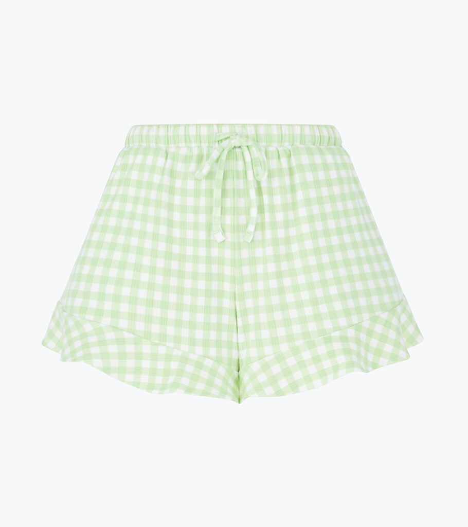 Ghost mannequin product photography of light green gingham shorts, showcasing the garment shape and fabric details for clean e-commerce clothing photography.