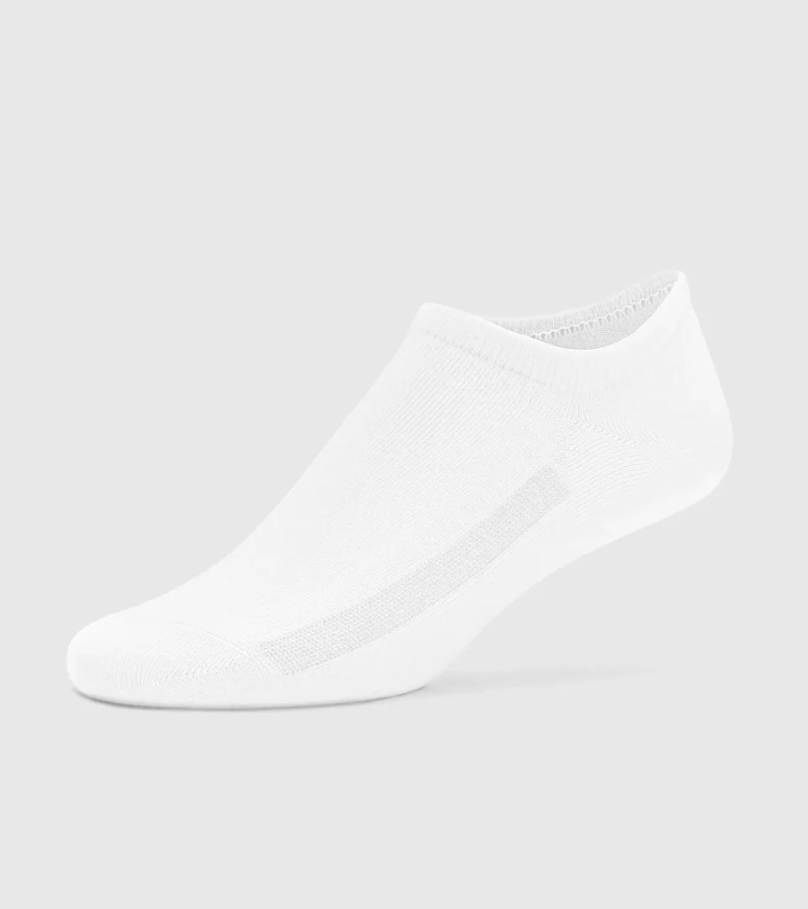 Product photography of a single white ankle sock shown in profile on a grey background