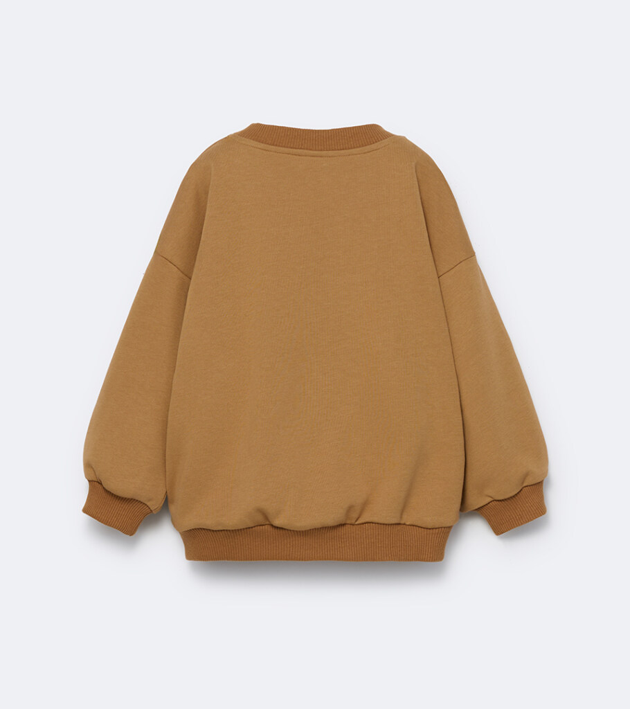 Flat lay photography of a camel oversized sweatshirt, back view showing full cut