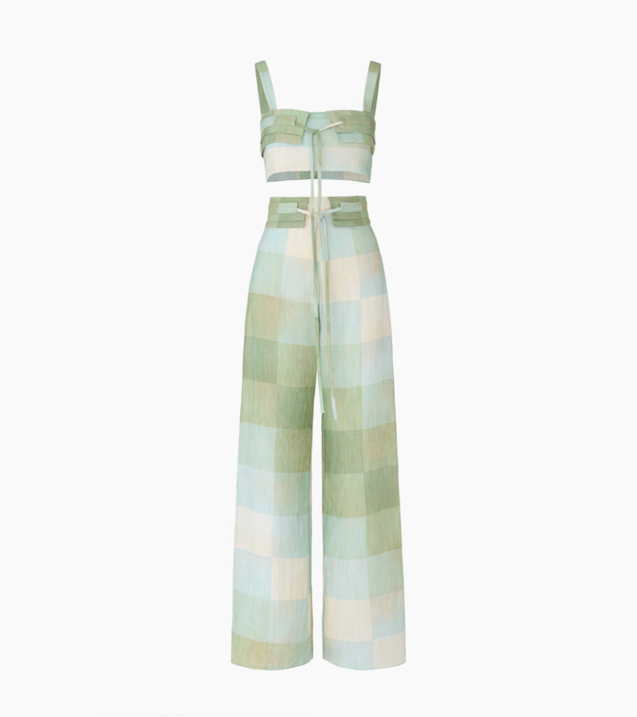 Ghost mannequin product photography of a mint green plaid crop top and wide-leg pants set, creating a seamless invisible mannequin effect for fashion e-commerce.