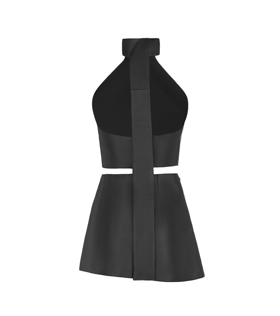Ghost mannequin product photography of a black sleeveless two-piece dress set, highlighting the tailored silhouette and invisible mannequin effect for luxury fashion e-commerce.