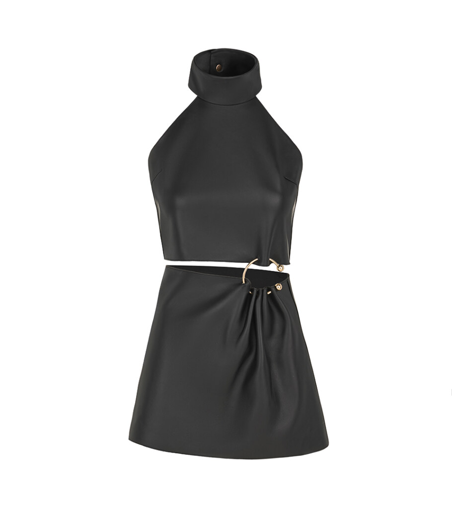 ALT: Ghost mannequin product photography of a black sleeveless dress with waist cutout detail, showcasing the garment silhouette and invisible mannequin effect for luxury fashion e-commerce.
