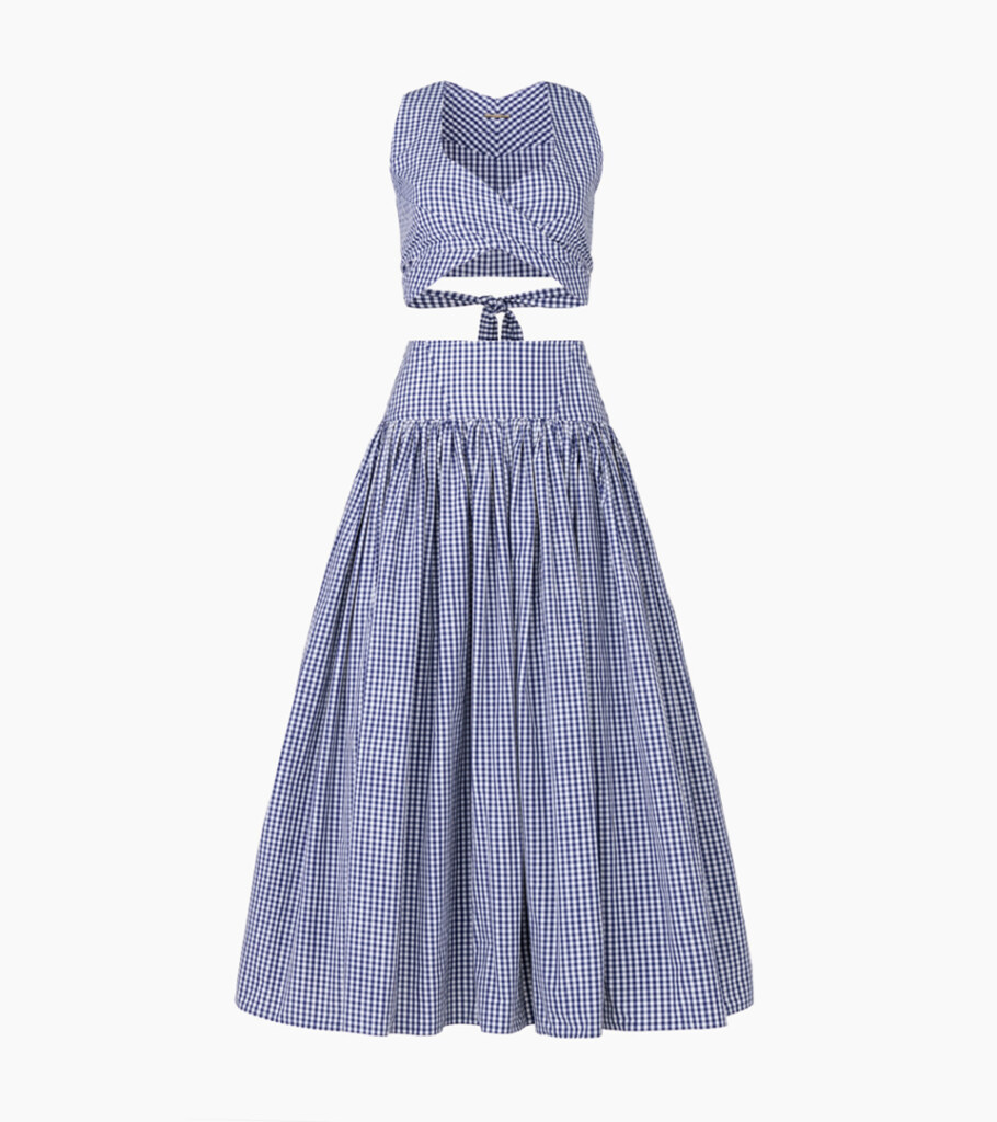 Ghost mannequin product photography of a blue gingham crop top and matching maxi skirt set, showcasing the garment fit and clean invisible mannequin effect for e-commerce apparel.