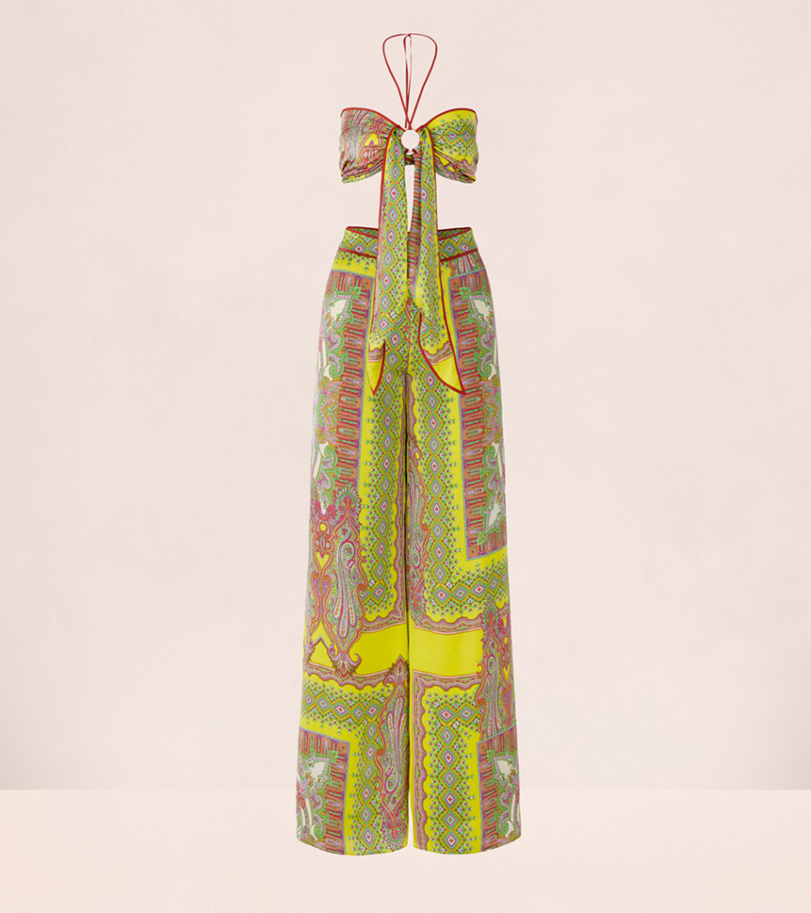 Ghost mannequin photography of a yellow paisley print halter jumpsuit, front view