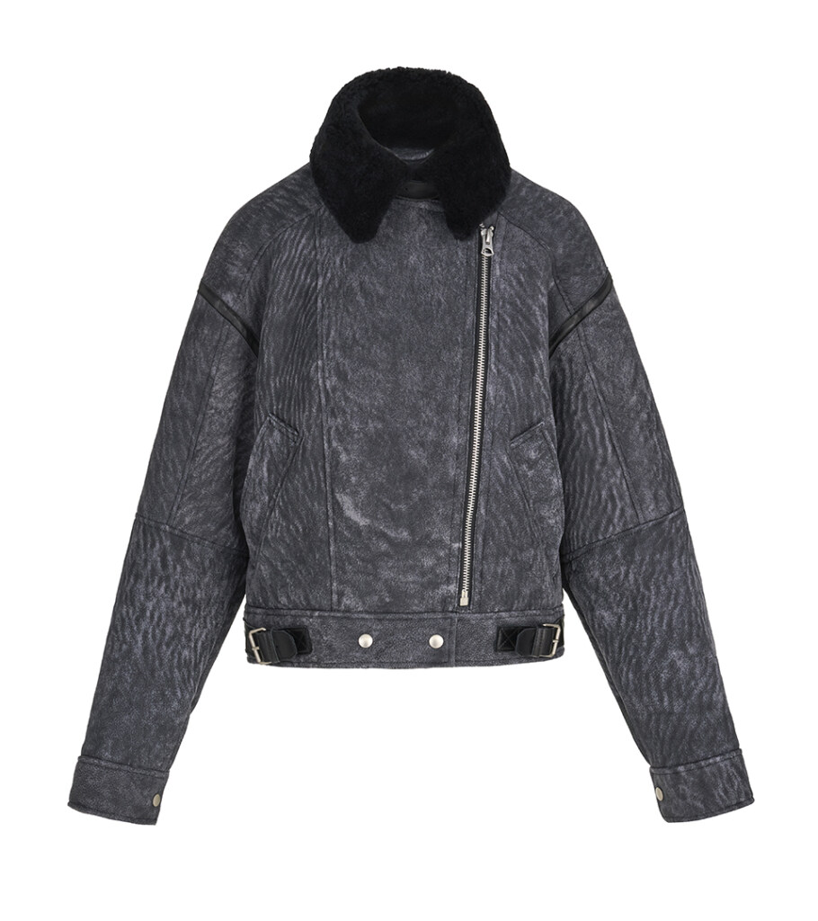 Ghost mannequin product photography of a black shearling leather jacket, displaying the tailored fit, zipper details, and invisible mannequin effect for premium fashion catalogs.