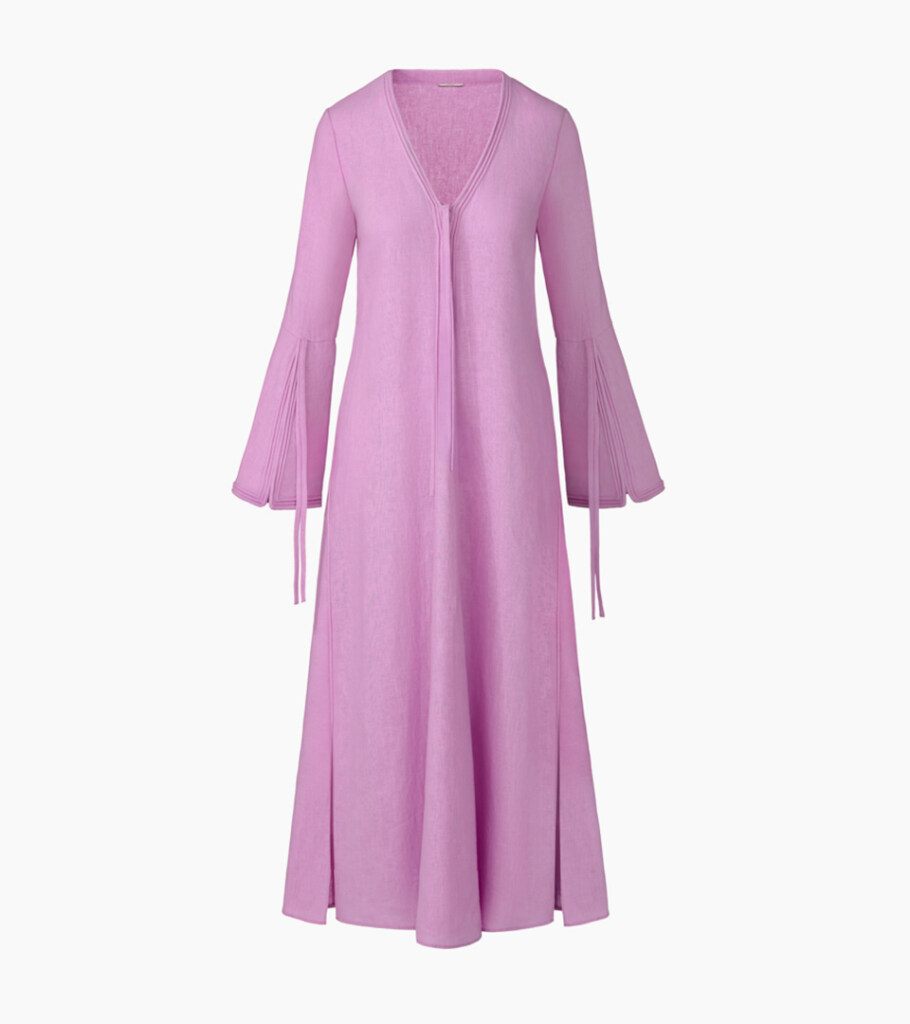 Professional ghost mannequin photography of a lavender long-sleeve midi dress, emphasizing the elegant silhouette and garment details for online fashion catalogs.