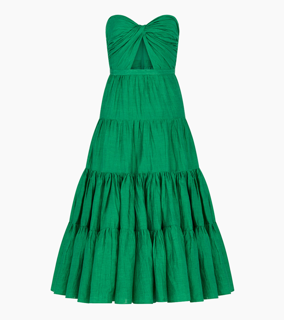 Invisible mannequin photography of a green tiered strapless maxi dress, highlighting the flowing silhouette and premium garment construction for fashion product photography.