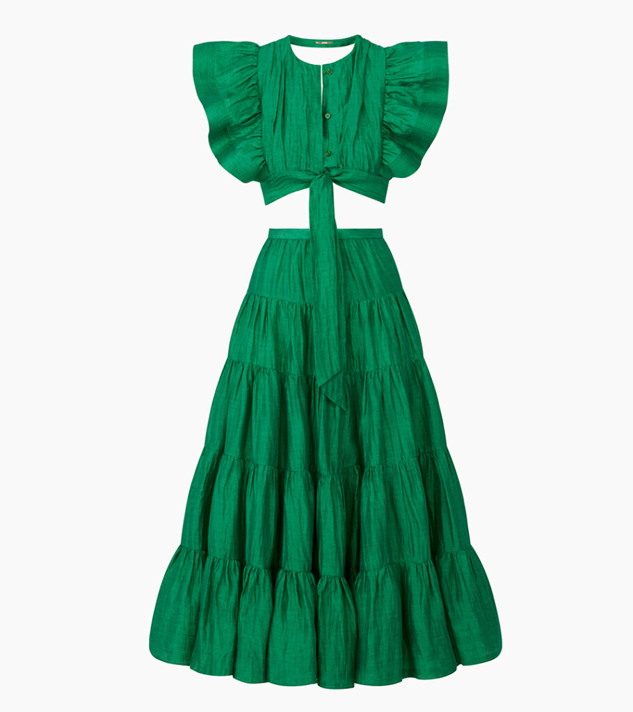 Ghost mannequin product photography of a green cutout maxi dress with ruffle sleeves, displaying the natural garment shape for professional e-commerce clothing photography.
