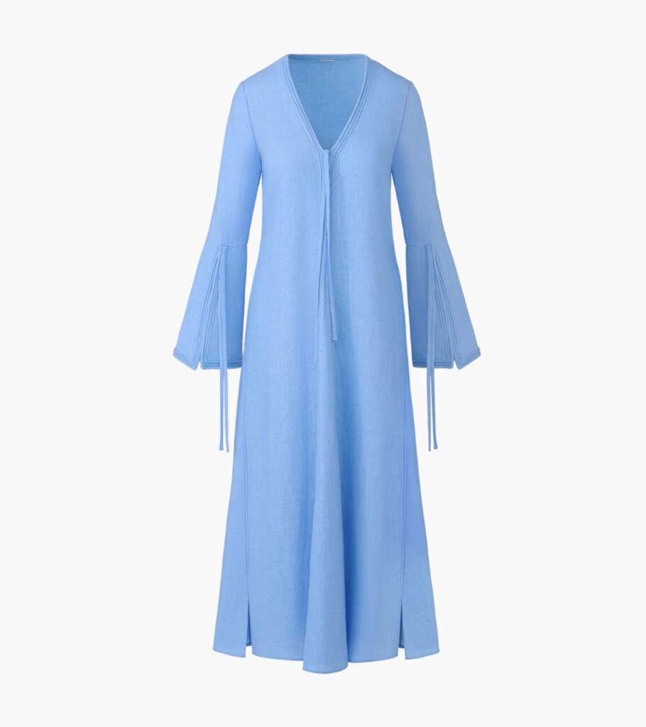 Ghost mannequin product photography of a light blue long-sleeve midi dress, showcasing the flowing fit and invisible mannequin effect for apparel e-commerce photography.