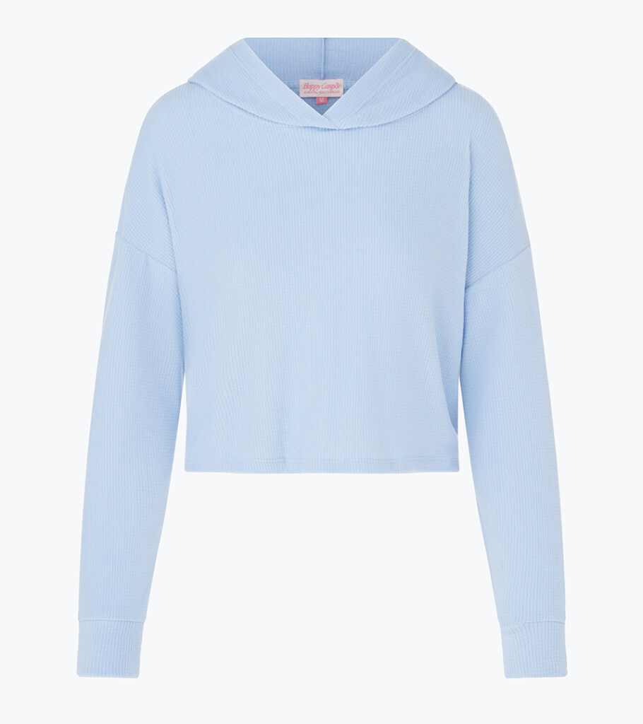 Ghost mannequin product photography of a light blue hoodie, showcasing the garment fit, hood construction, and invisible mannequin effect for e-commerce apparel photography.