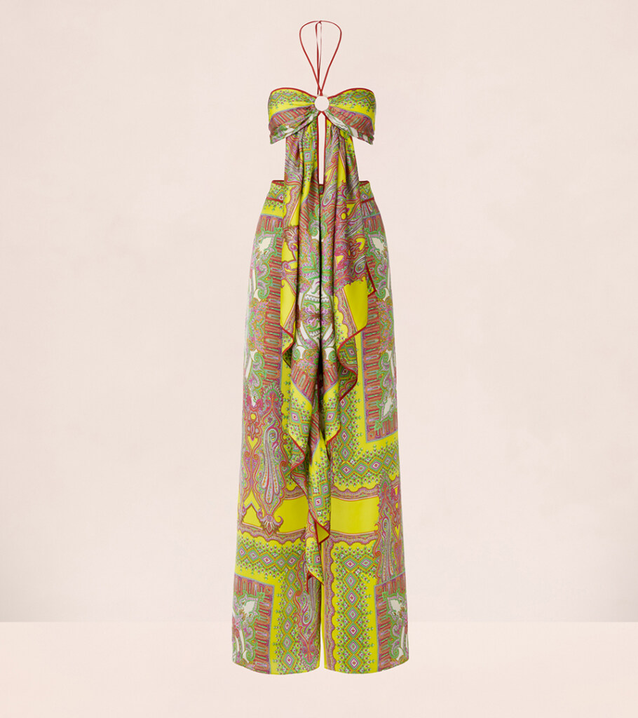 Ghost mannequin photography of a yellow paisley halter jumpsuit with draped scarf panel, front view