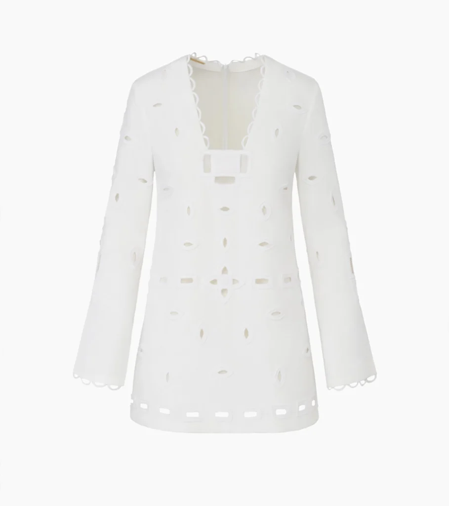 Ghost mannequin product photography of a white eyelet mini dress, highlighting the garment's tailored silhouette, cutout details, and clean invisible mannequin effect.