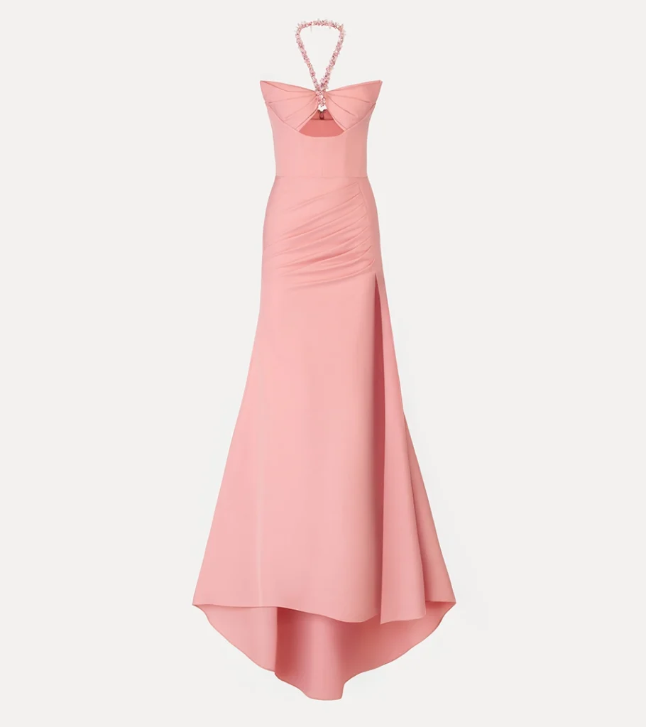 Professional ghost mannequin photography of a blush pink halter evening dress, showcasing elegant draping and garment shape for luxury fashion e-commerce.