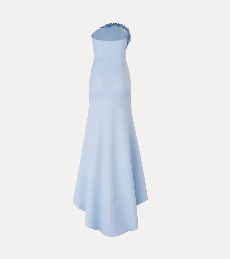 Invisible mannequin photography of a light blue asymmetrical midi dress, displaying the natural fit and flowing silhouette for online apparel product photography.