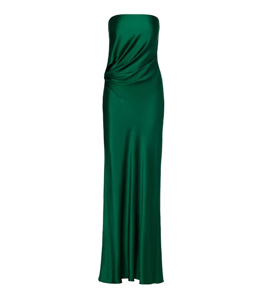 Ghost mannequin product photography of an emerald green strapless gown, highlighting the elegant draping and invisible mannequin effect for luxury fashion product photography.
