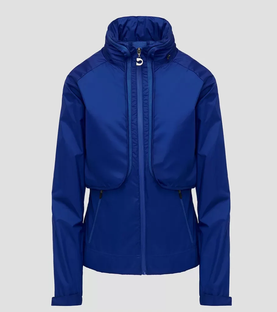 Ghost mannequin photography of a royal blue hooded jacket, front view