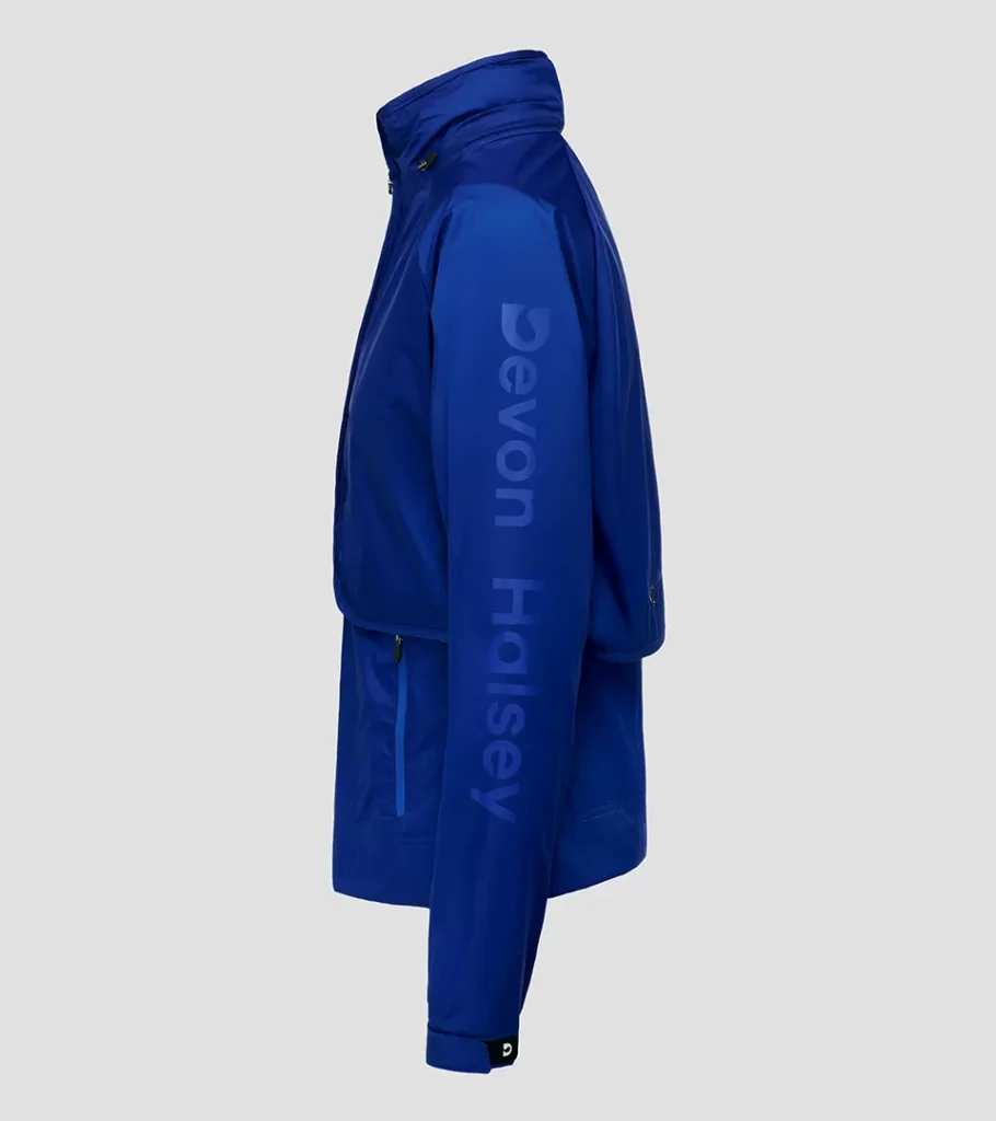 Ghost mannequin photography of a royal blue jacket, side profile view