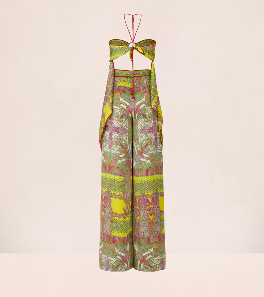 Ghost mannequin photography of a yellow paisley halter jumpsuit, back view