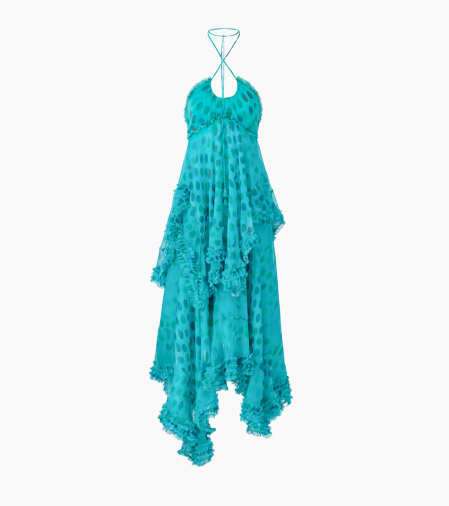 Ghost mannequin product photography of a turquoise halter dress with layered ruffle details, showcasing the flowing silhouette and invisible mannequin effect for e-commerce apparel.
