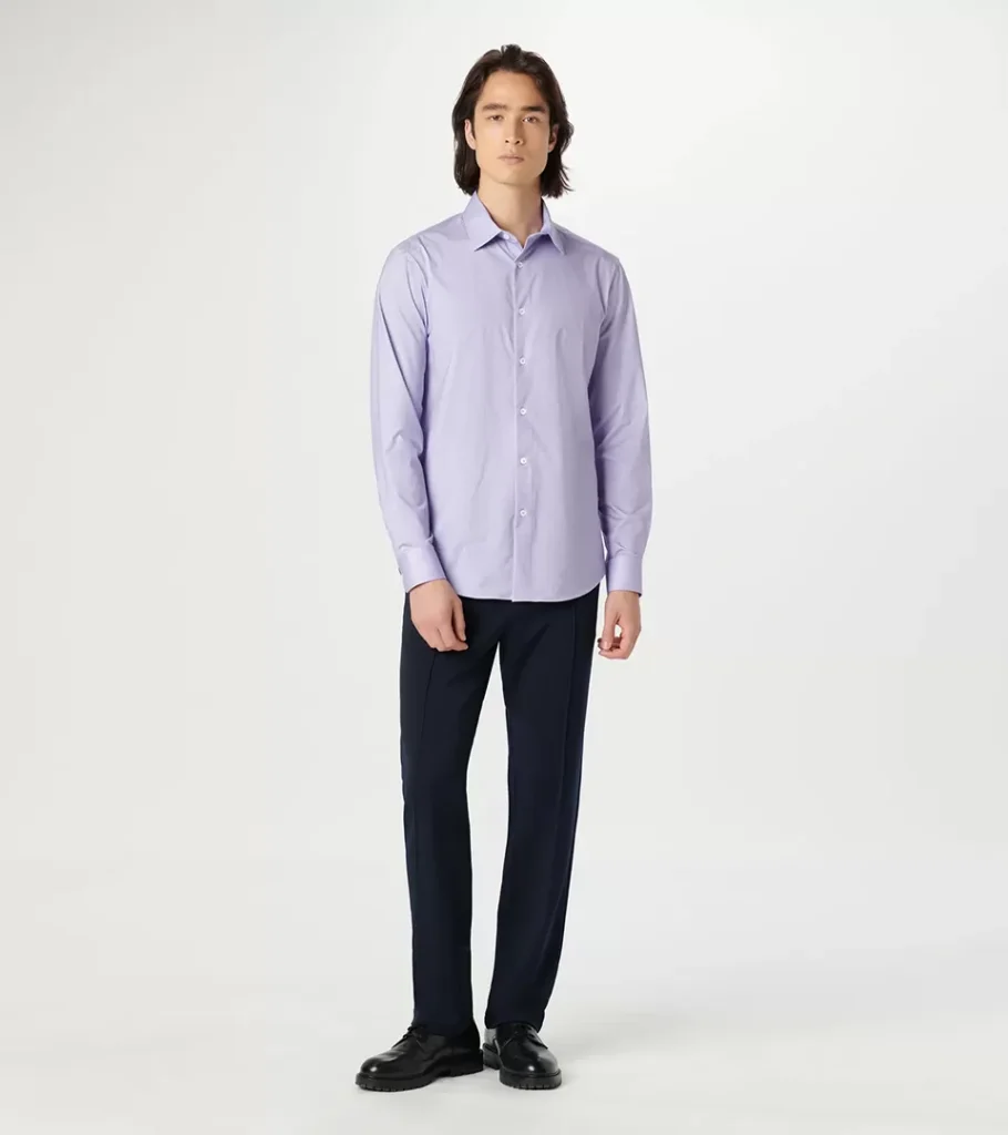 On-model photography of a lavender dress shirt with navy trousers, front view
