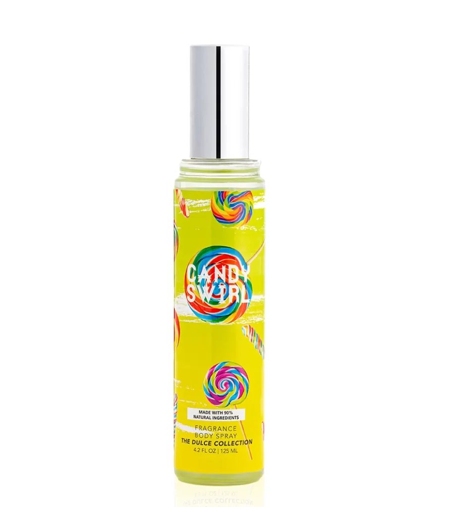 White background product photography of a yellow body mist spray bottle with a colourful swirl graphic label