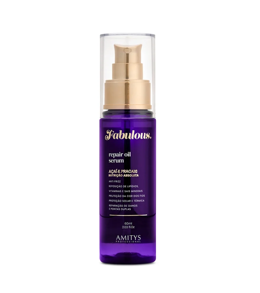 White background product photography of a hair oil serum in a clear pump bottle with a deep purple front label