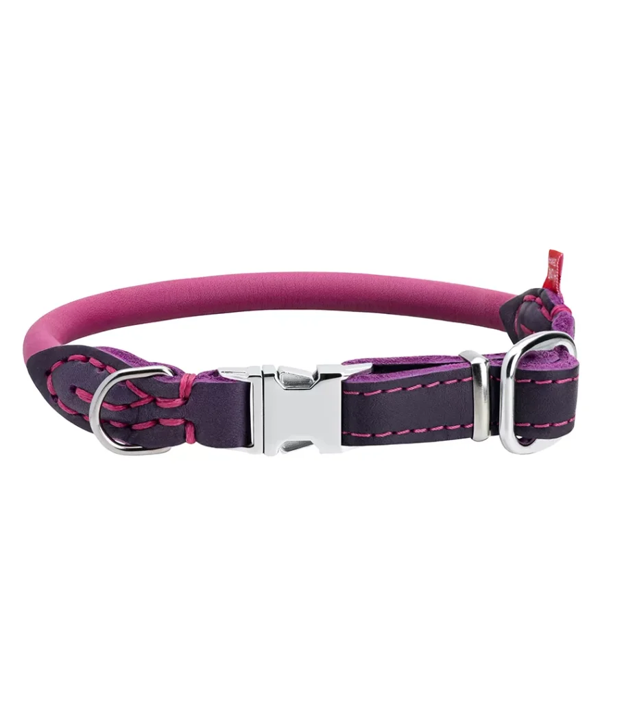 White background product photography of a pink patterned dog collar with metal side-release buckle and adjustable slider