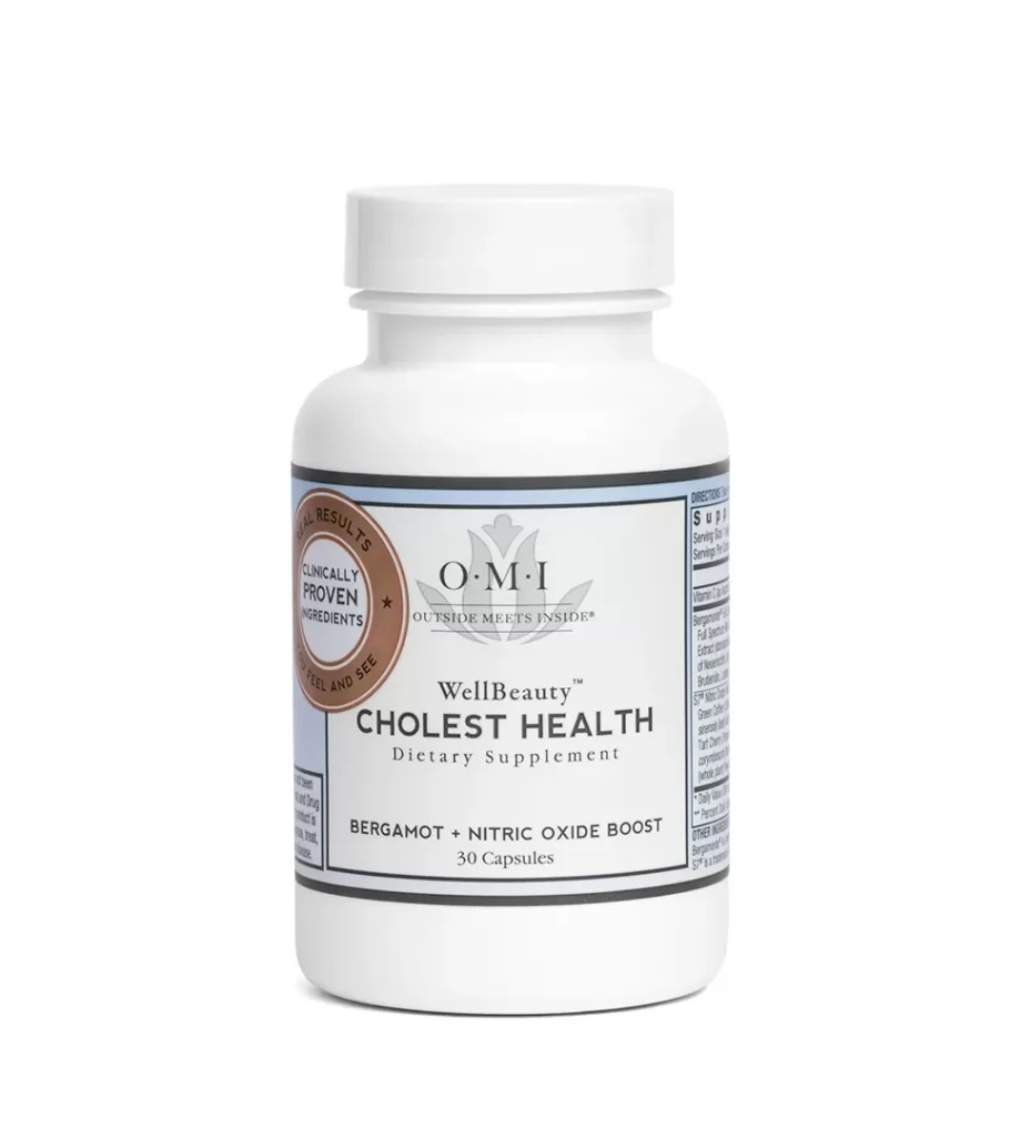 White background product photography of a white supplement bottle with a gold seal, front label facing the camera