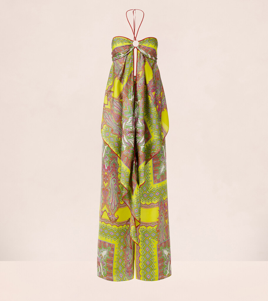Ghost mannequin photography of a yellow paisley jumpsuit styled with a tied front sash