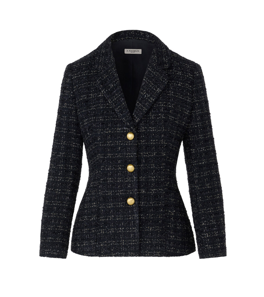 Ghost mannequin product photography of a black tweed blazer with gold buttons, emphasizing the structured fit and premium garment details for professional clothing photography.