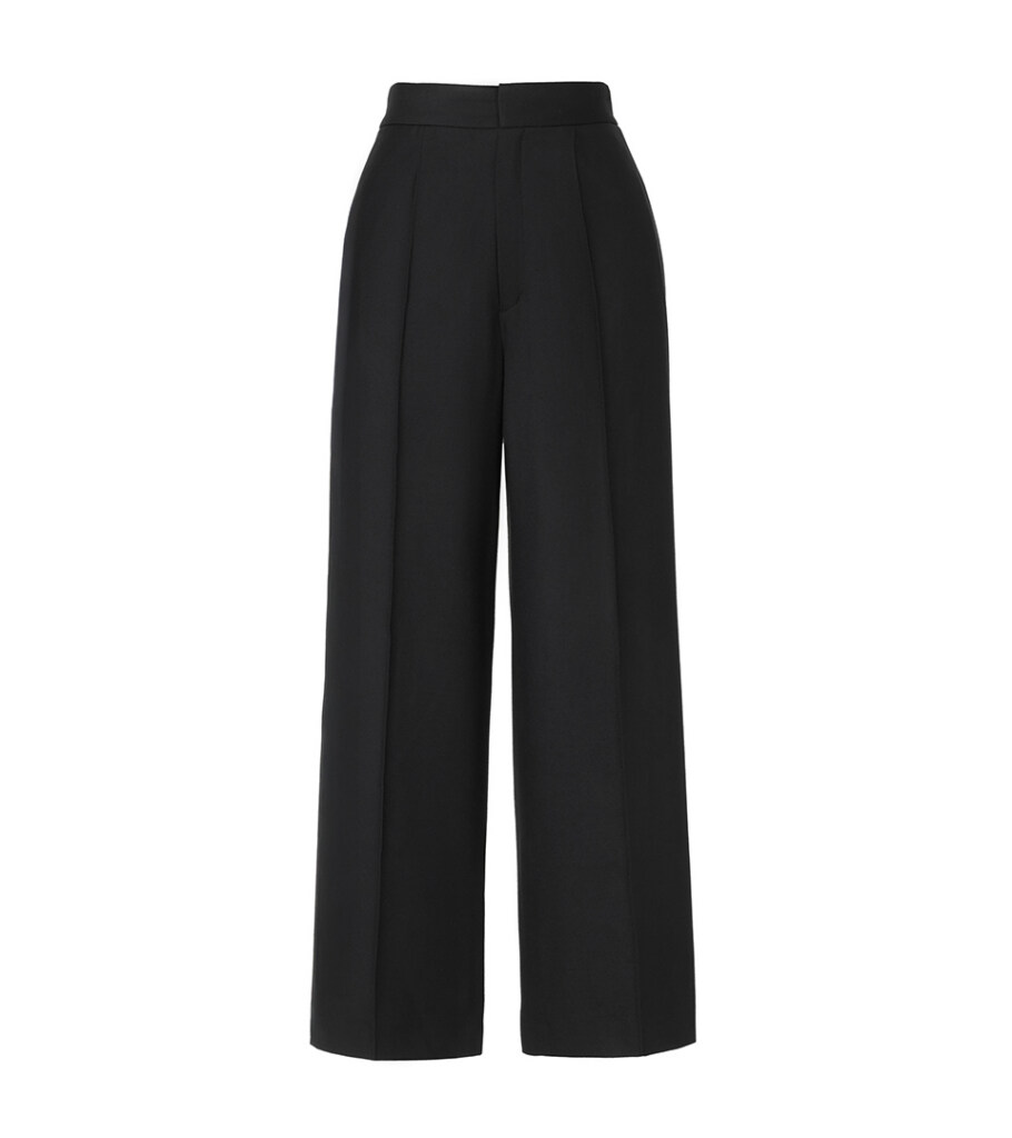 Ghost mannequin product photography of black wide-leg trousers, showcasing the tailored fit, clean silhouette, and invisible mannequin effect for professional apparel photography.