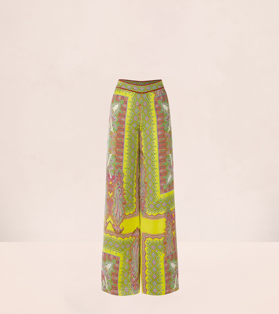 Ghost mannequin photography of yellow paisley wide-leg pants, front view