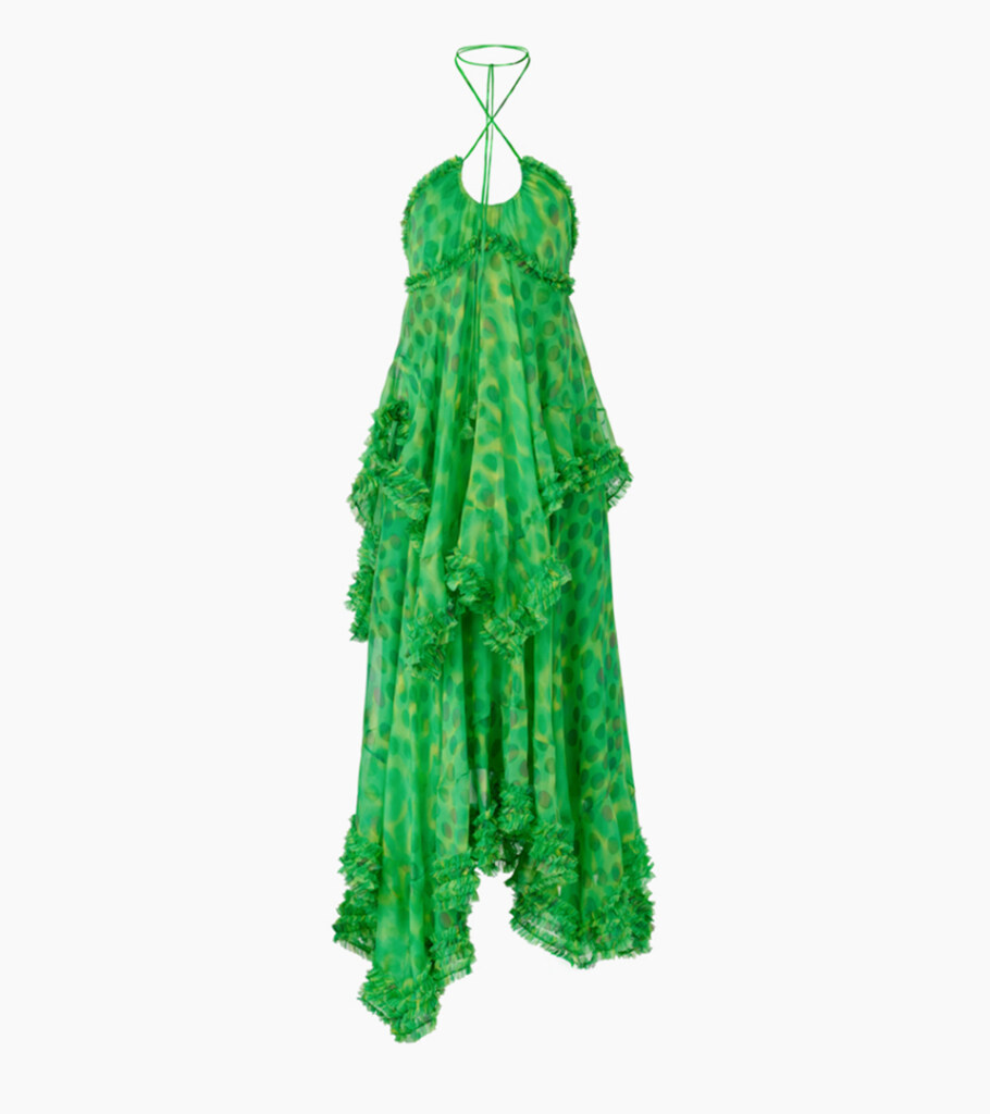 Invisible mannequin photography of a green halter dress with cascading ruffle layers, highlighting the garment shape and premium fashion details for online clothing photography.