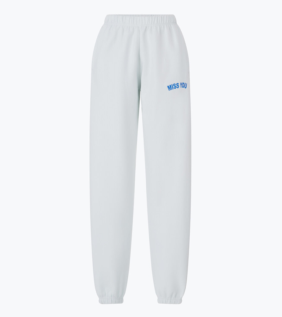 Invisible mannequin photography of light blue jogger sweatpants, showcasing the tapered fit and clean garment silhouette for professional apparel photography.