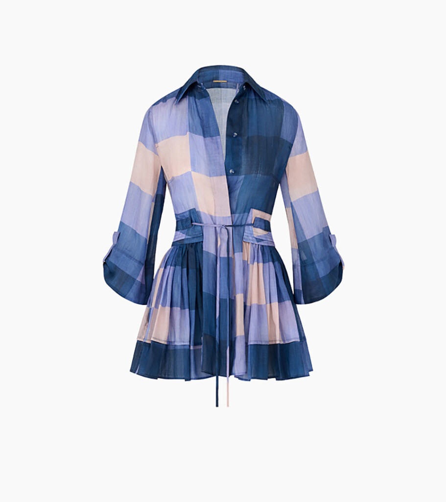 Ghost mannequin product photography of a blue plaid belted shirt dress, emphasizing the tailored silhouette and garment construction for professional fashion e-commerce.