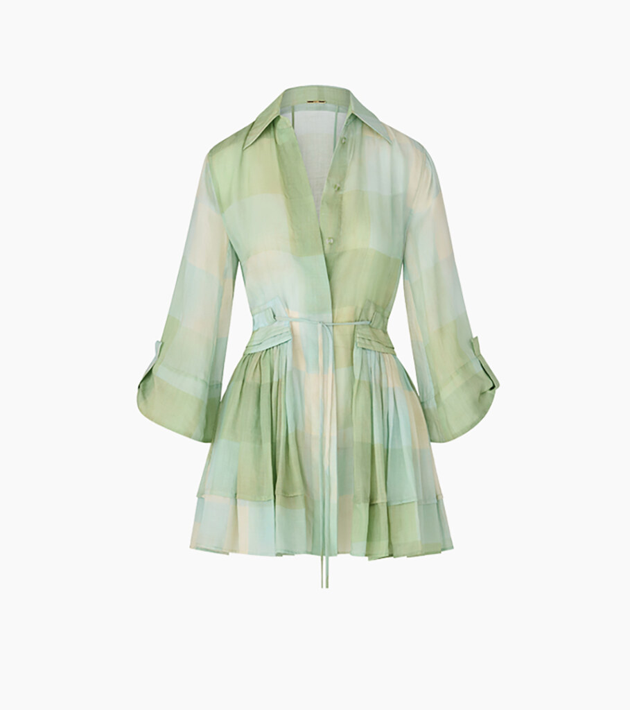 Professional ghost mannequin photography of a light green plaid long-sleeve blouse, displaying the garment fit, waist detail, and clean invisible mannequin effect.