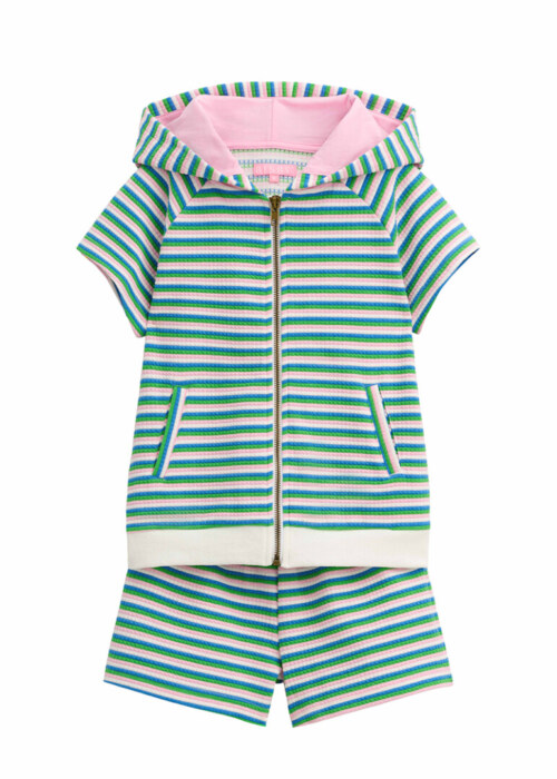 Flat lay photography of a green striped kids' hooded zip-up and matching shorts set
