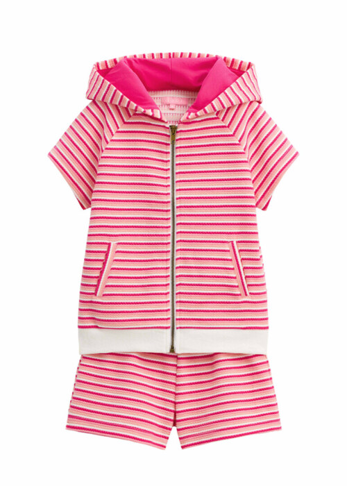 Flat lay photography of a pink striped children's terry hoodie and shorts two-piece set
