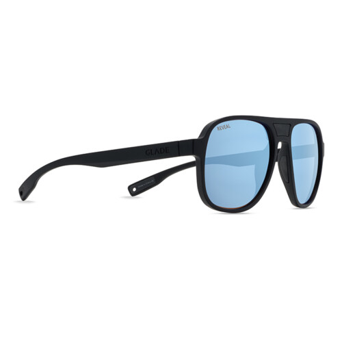 Black polarized glacier sunglasses with blue mirrored lenses product photography