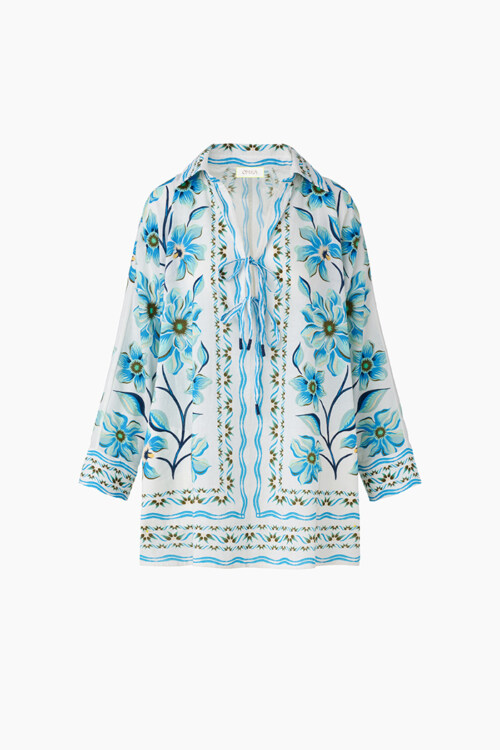 Blue floral tunic top ghost mannequin apparel photography on white background