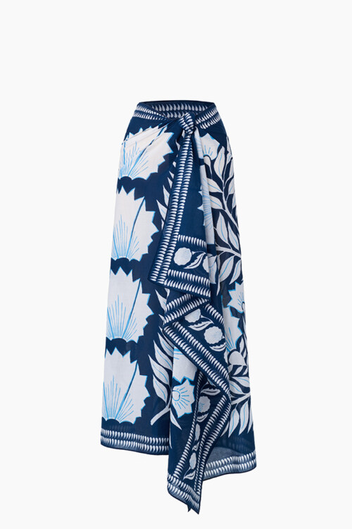 Blue printed wrap skirt invisible mannequin photography for ecommerce