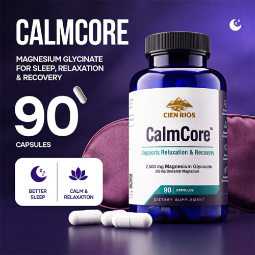 Amazon listing infographic of a sleep support supplement bottle with capsule count and benefit icons on a purple background