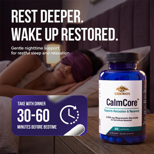 AI lifestyle image of a nighttime supplement bottle on a bedside table beside a sleeping woman, with dosage timing callout