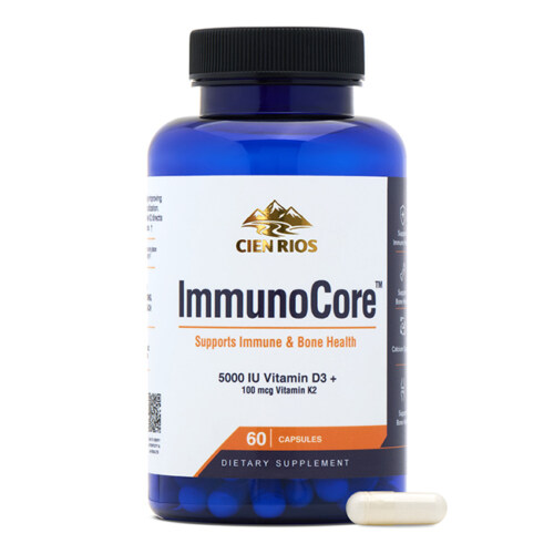 Amazon product photography of a blue supplement bottle with a capsule beside it, white background hero shot