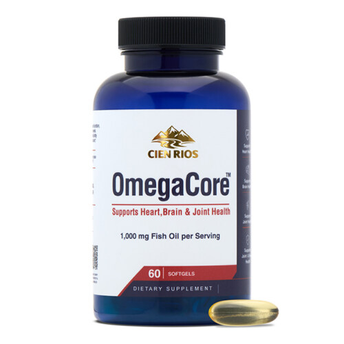 Product photography of a blue fish oil supplement bottle with an amber softgel beside it, hero shot on white