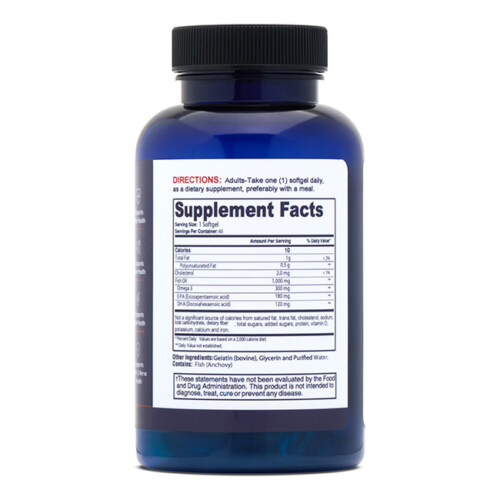 Product photography of a fish oil supplement bottle back label showing the supplement facts panel