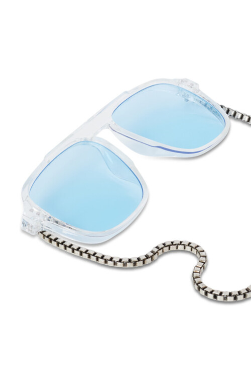 Clear frame sunglasses with blue mirrored lenses and chain accessory